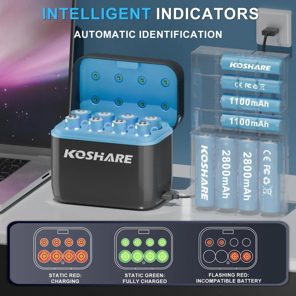 

KOSHARE Ni-MH Rechargeable Battery 1.2V AA2800mAh/AAA1100mAh 1.2V Ni-MH battery with Charger for Flashlight Mouse SmartDoor