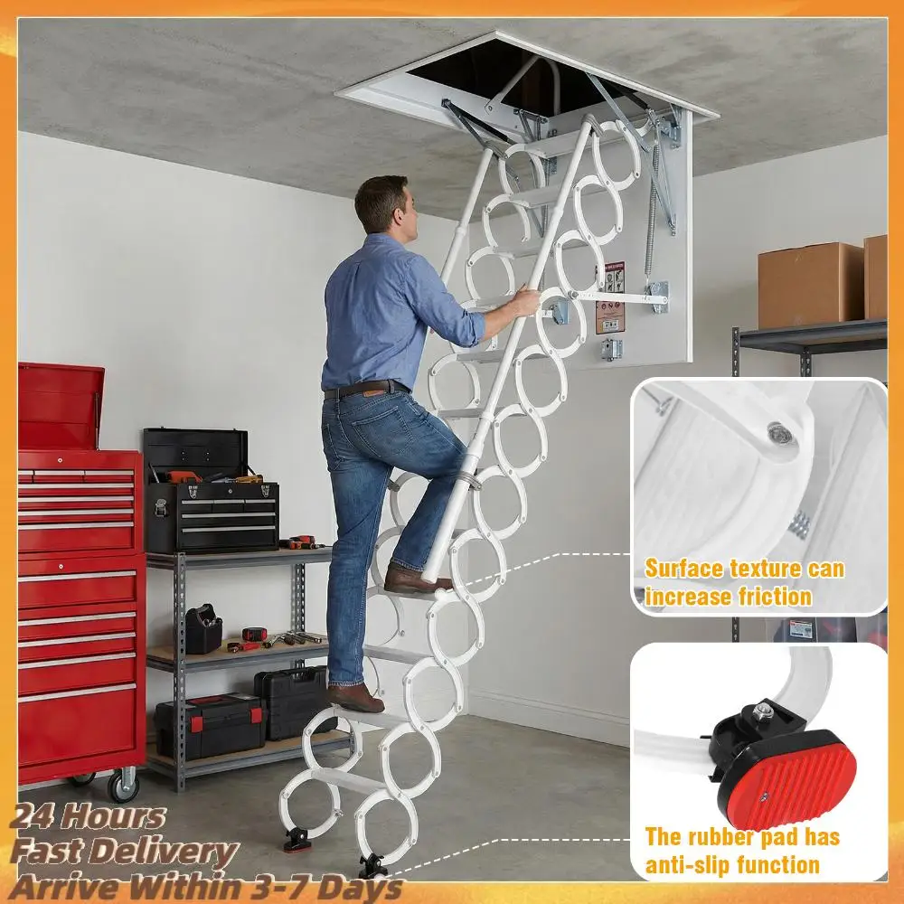 

12-ступенчатая потолочная лестница для чердака с поручнями, выдвижная, грузоподъемность 660 фунтов, регулируемая по высоте, для неровных проемов