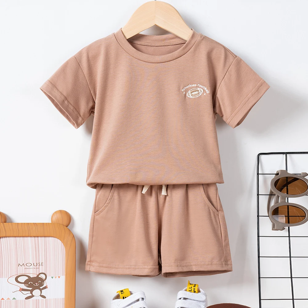 New Summer Children 2pcs Sets Boys Girls Short Sleeve Rugby/Daisy Embroidery T-shirt+Solid Shorts 2pcs Set Kids Leisure Suits