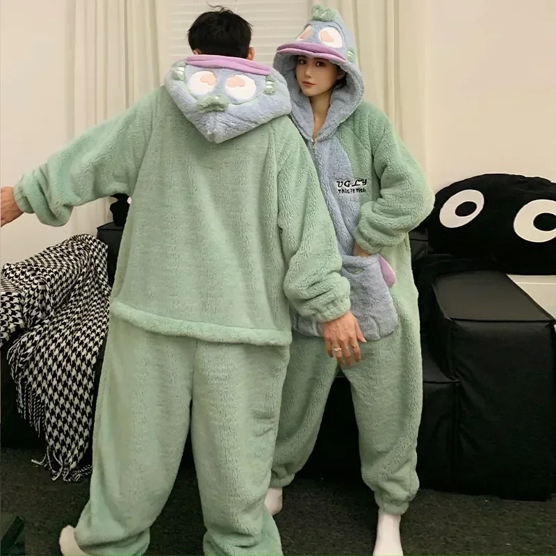 Warm Pijama Cartoon Thicken Couple Men Lover Women Soft Coral Pajamas Kigurumis Pyjamas Sleepwear Jumpsuits Winter Onesie Fleece