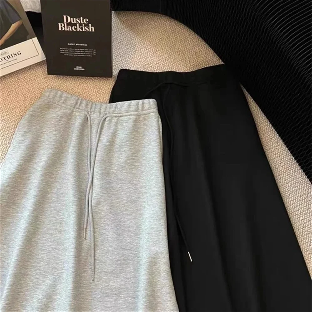 Women's Wide Leg Sweatpants Grey Elastic Waist Loose Casual Pants Soft Comfortable Street Fashion Trousers Ladies Outfit Bottoms