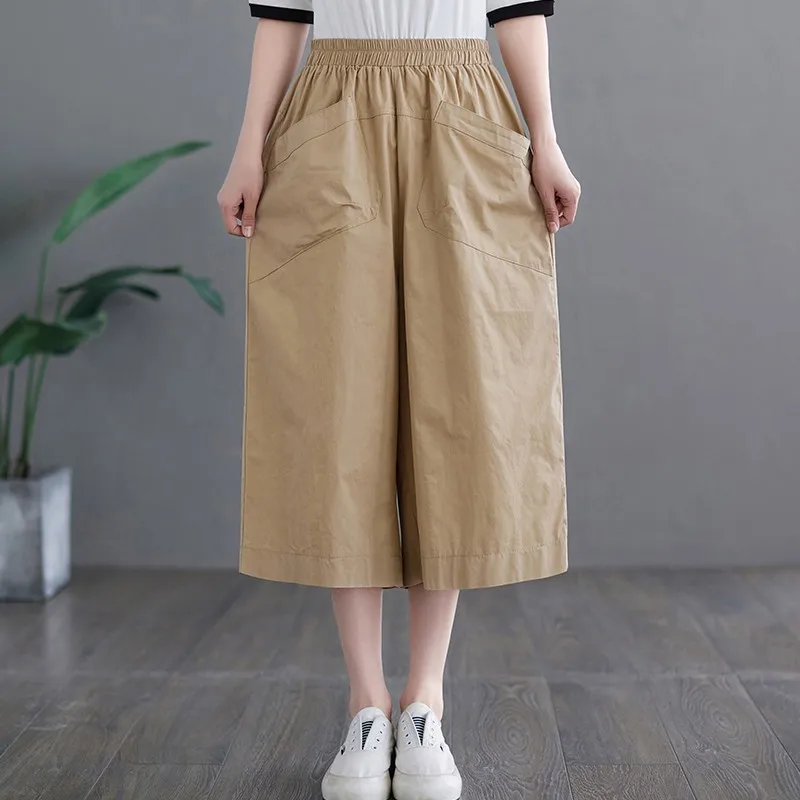 

High Waist Calf-length Casual Pants Women New 2024 Summer Simple Style Solid Color Basics Loose Female Wide Leg Pants B3781