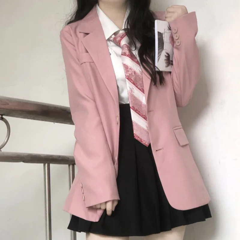 

Sweet Cool Blazers for Women Solid Pockets Korean Style Young Girls Chic Spring Autumn Long Sleeve Fashion All-match New Notched