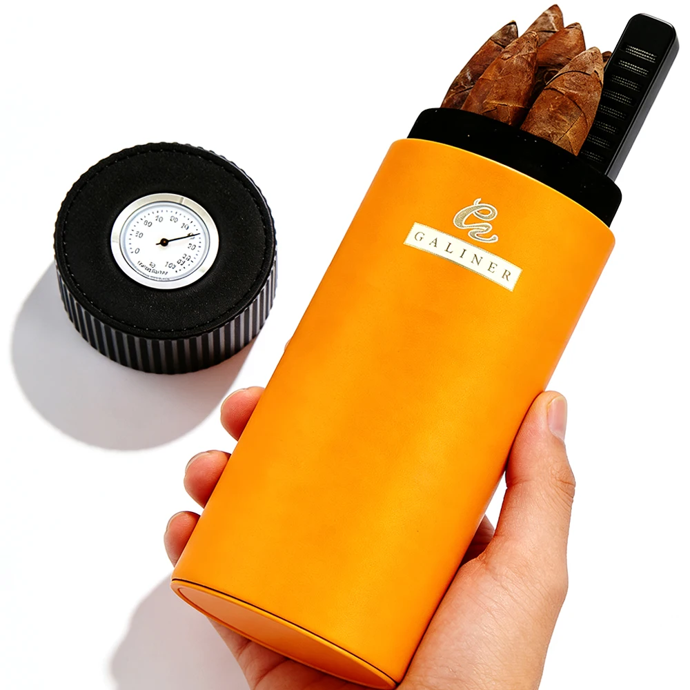 

GALINER Travel Cigar Jar Tube Cedar Wood Leather Cigar Case Portable Fit About 5 Cigars Humidor Box W/ Hygrometer Humidifier