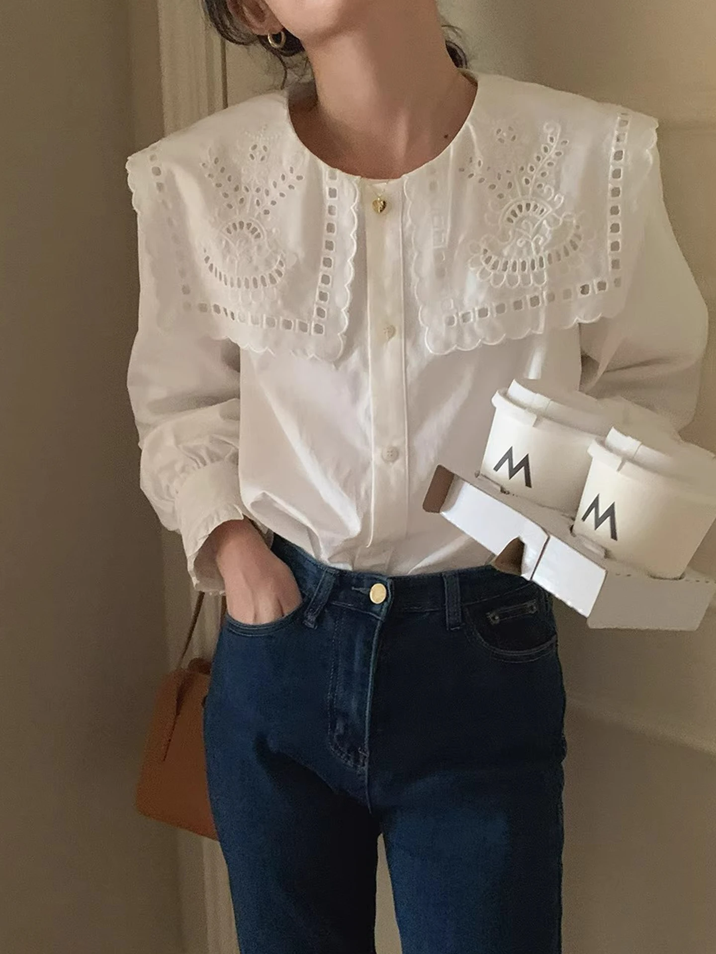 

Ele Sister Court Sle с большим воротником и полой вышивкой, белая женская весенне-осенняя длинная блузка с кукольным воротником