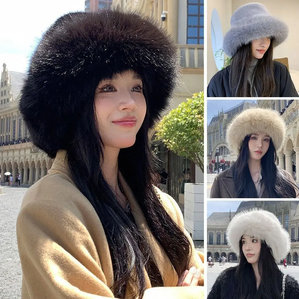 Winter Faux Fur Plush Bucket Hat Thick Warm Plus Velvet Fisherman Cap Fluffy Casual Panama Caps for Women