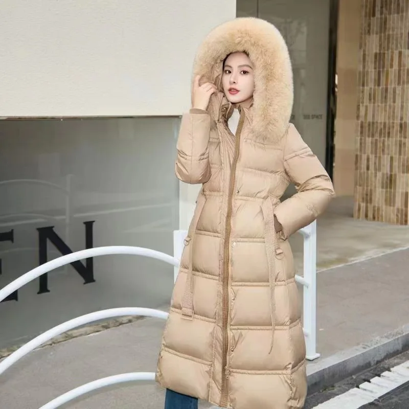 New women's down jacket long knee slim waist thin big fur collar fox hair hooded thickened warm white duck down