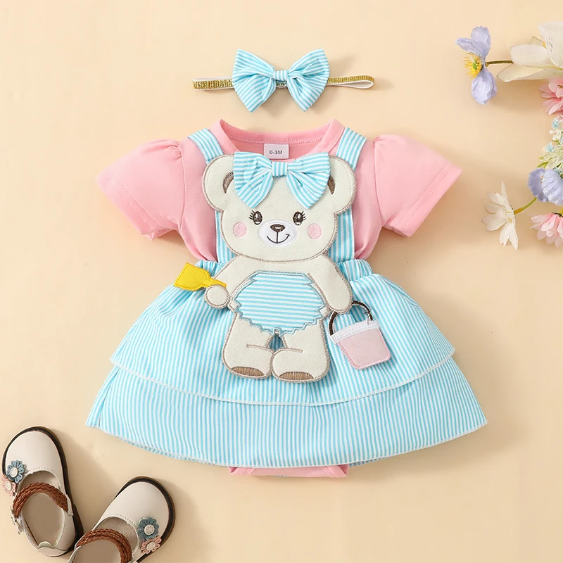 ma&baby 0-18M Newborn Infant Toddler Baby Girl Romper Summer Cartoon Bear  Embroidery Jumpsuit +  Headband Summer Outfits D05