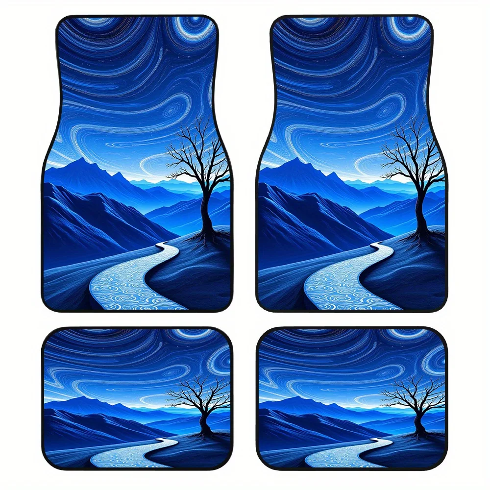 4pcs Floor Mats Showcasing Abstract Blue Mountain Spiral Design, Suitable For Pet Friendly Travel Or Travel With Dogs Or Cats, I