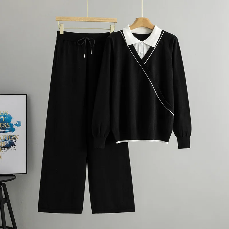 Greenora Business Casual Old Money Quiet Luxury Women Polo Neck Knit Top Wide Leg Pants 2 Piece Set Dubai Style