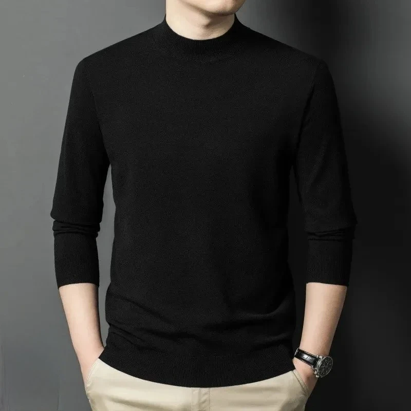 

Spring Autumn Men's Thin Pure Color Knitted Wool Sweater Long Sleeve Base Shirt Casual Fashion Winter Warm Half High Collar