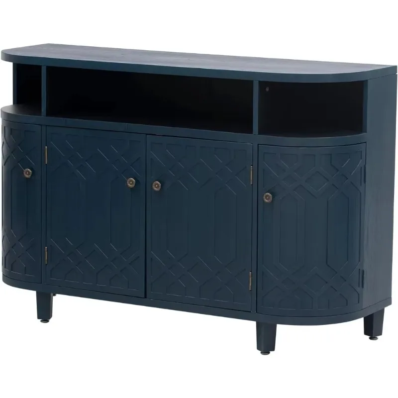 Curved Accent Cabinet 48-Inch Wooden Storage Sideboard with Doors & Adjustable Shelf for, Navy Blue