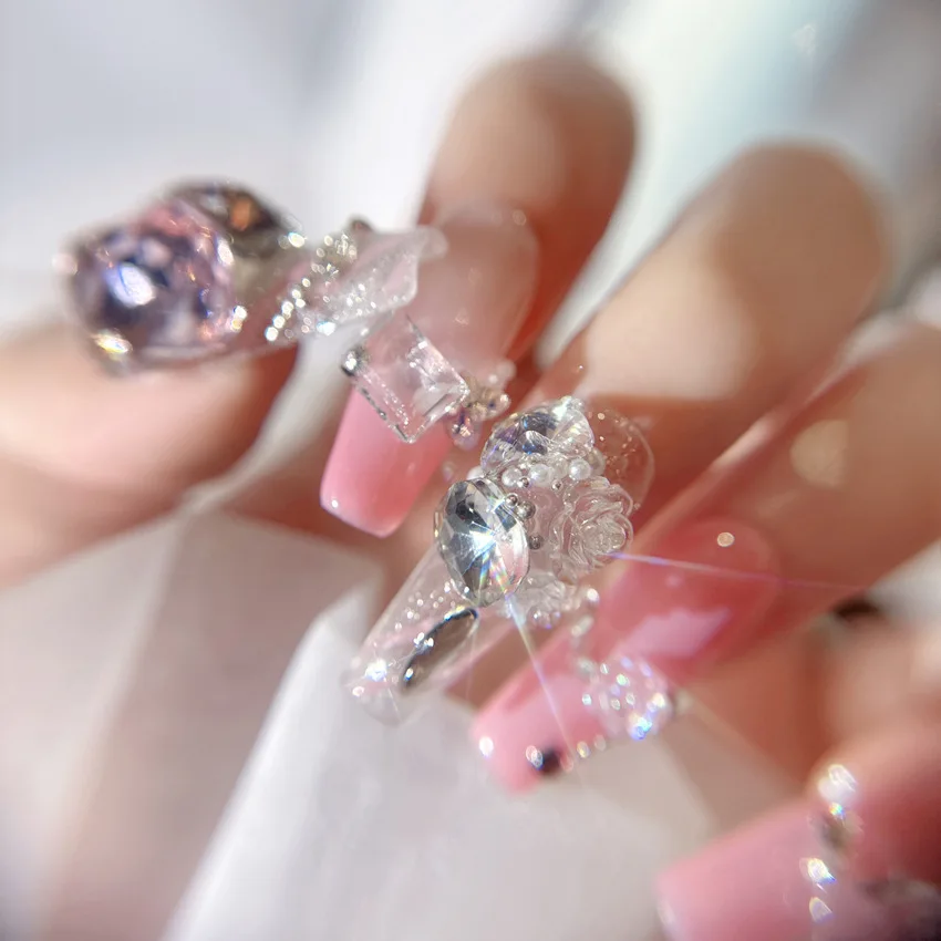 Purely handmade top-notch luxury sparkling diamond and flowery false nails with unique design 10PCS