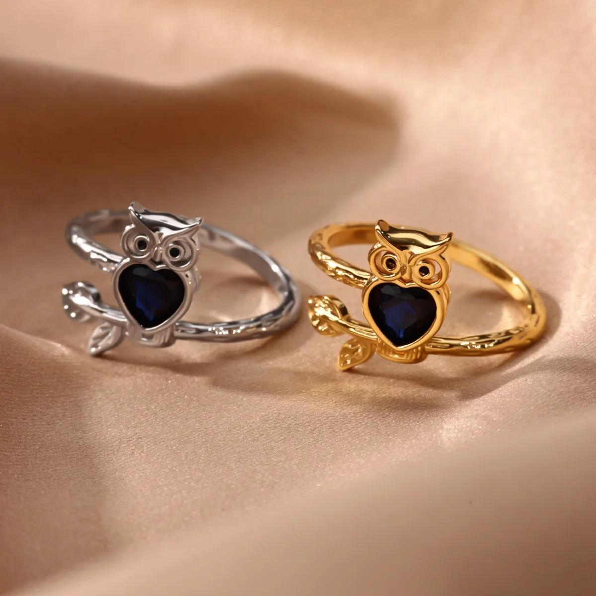 

Cute Mysterious Owl Heart Blue Stone Ring For Women Gold Color Stainless Steel Whimsical Party Gift Fashion Jewelry