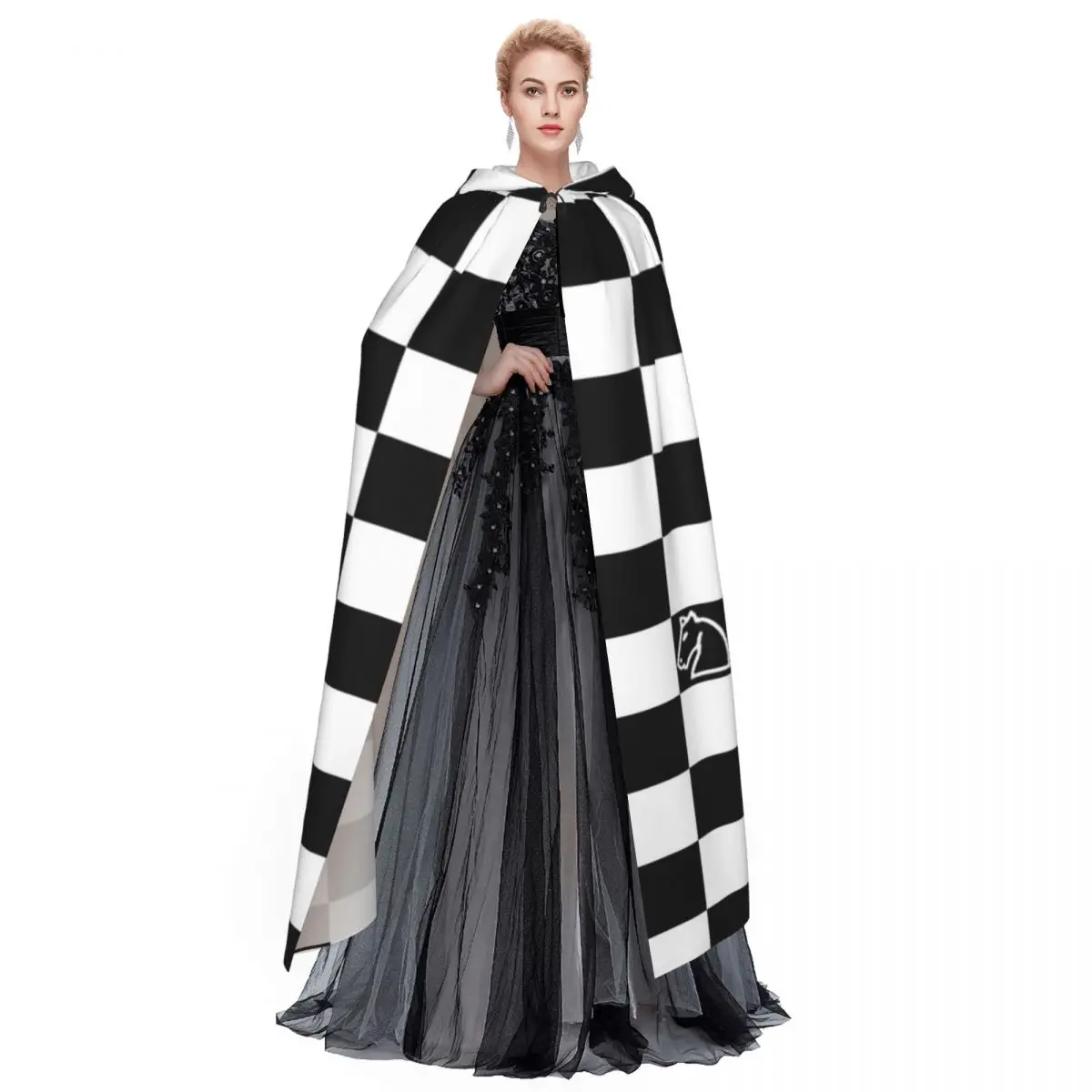 Black And White Chess Long Hooded Cloak Witch Medieval Costume Cosplay Cape HalloweenCoat Adult Unisex