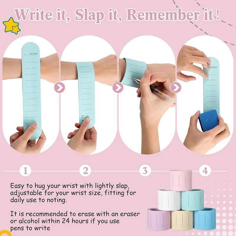 6 Sets Slap Silicone Reminder Bracelet And Retractable Badge Reel 9.4Inch X 1.8Inch Wrist Notepad Erasable Wristband