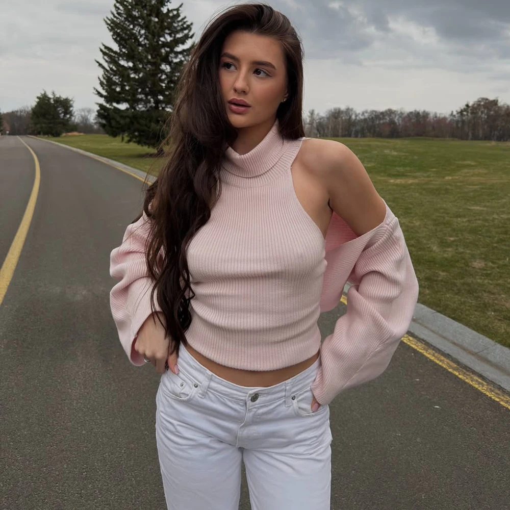 

Tuularose Knitted Top Two Piece Set For Women Turtleneck Sleeveless Pullover Vest Long Sleeve Texture Patchwor Set Lady Sexy Set