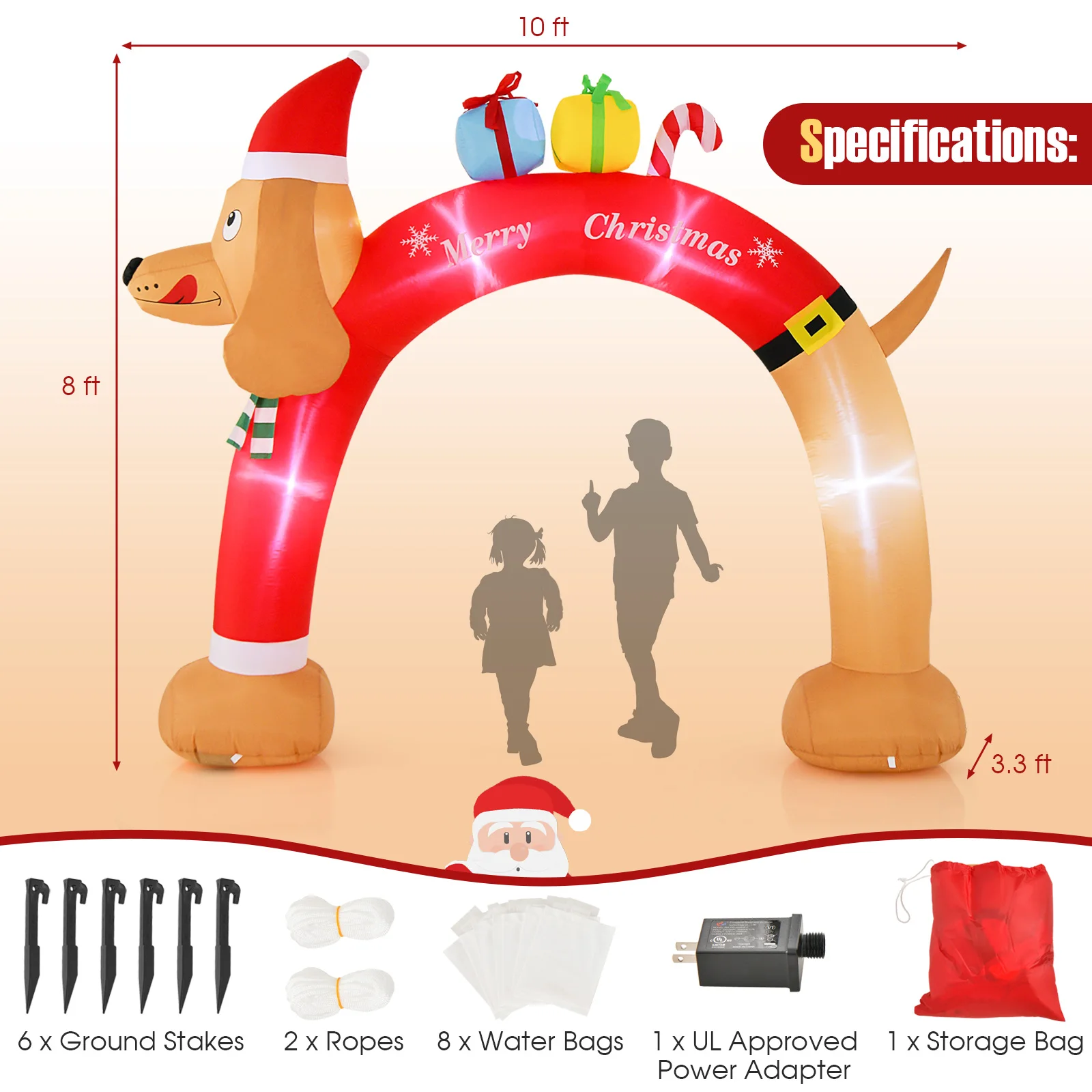 8FT Inflatable Christmas Dachshund Arch Yard Decoration w/ LEDs & Air Blower