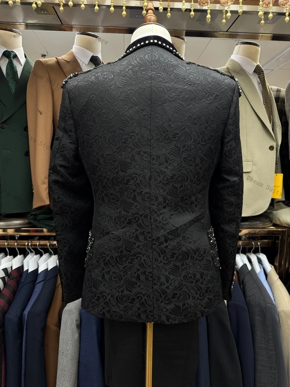 Ensemble de costume 2 pièces en cristal Jacquard noir pour hommes, Blazer + pantalon, veste de bureau formelle personnalisée, Tuxedos de mariage pour marié, manteau de bal