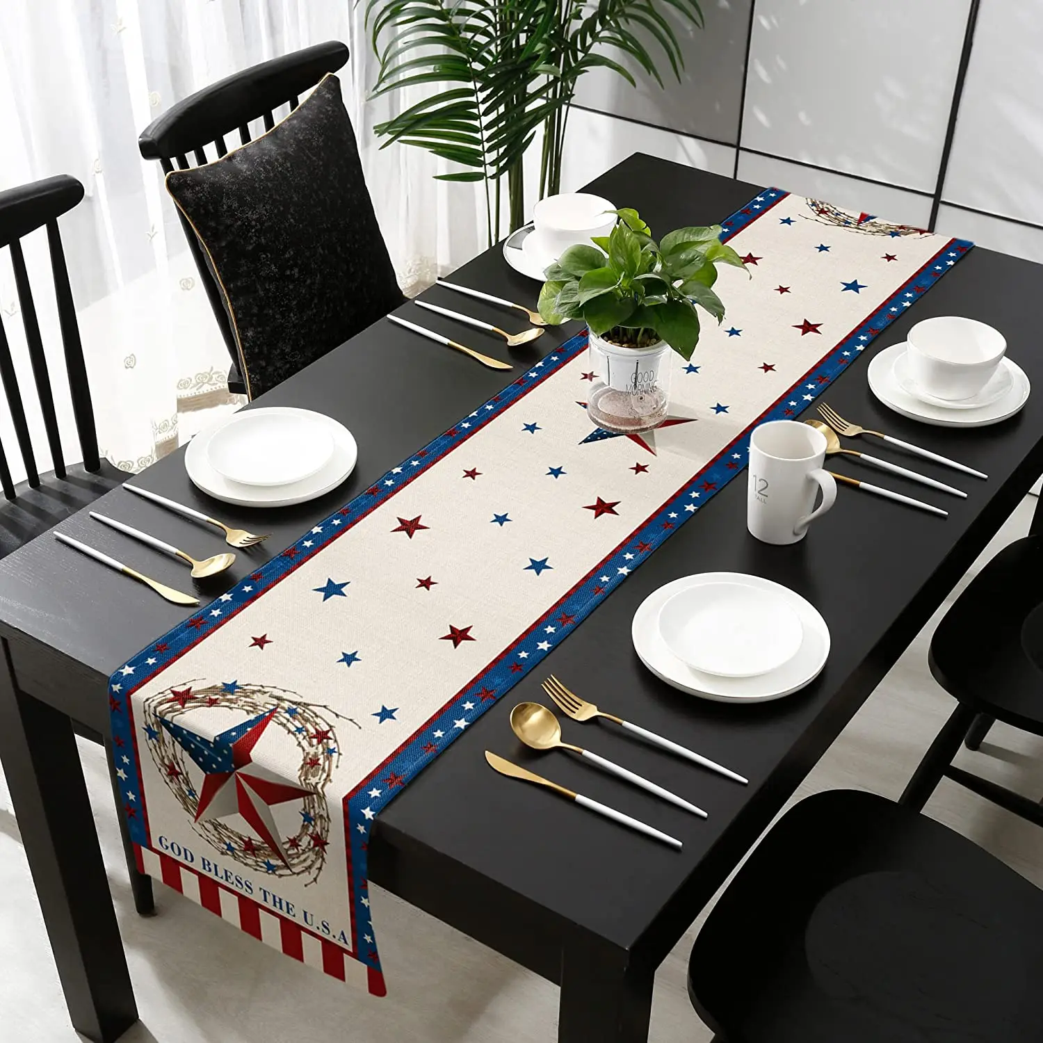 American Flag Stars Fourth Of July Memorial Day Flag Waterproof Tablecloth Decoration Rectangular Table Runner