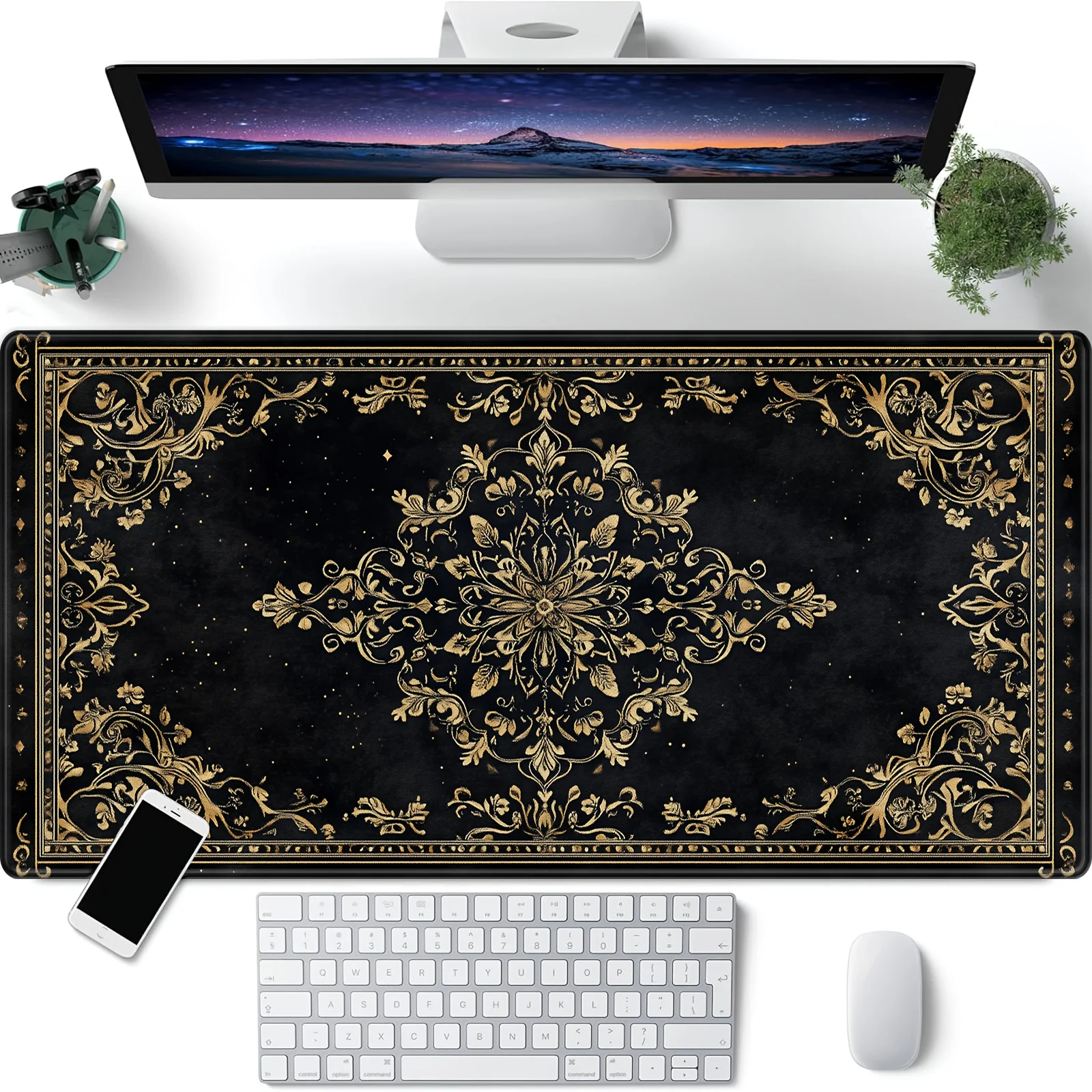 

Oversized Bohemian Abstract Mouse Pad,black Persian Design,golden Floral Pattern, Non-slip Rubber, Perfect for Gaming and Office