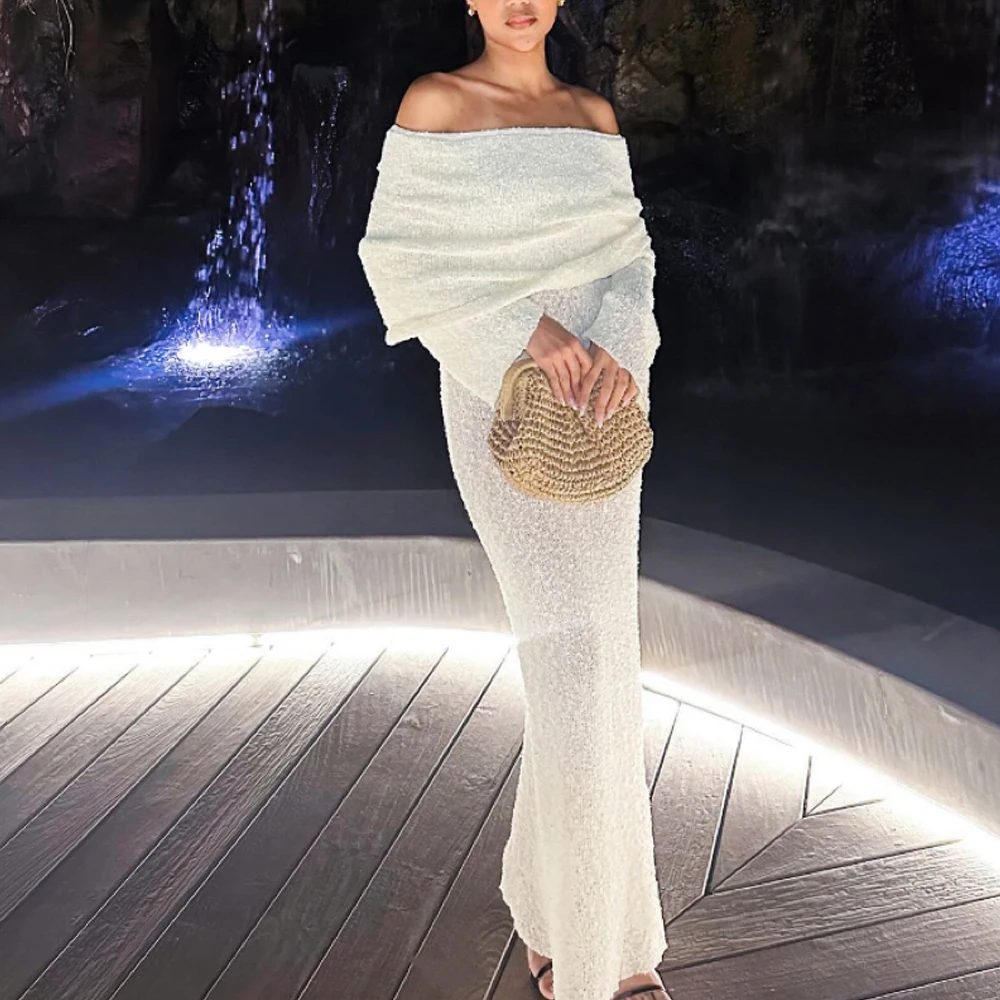 Sexy gebreide jurk met één schouder en uitgehold ontwerp, elegante, nauwsluitende strandvakantie, zwembadfeest met lange mouwen