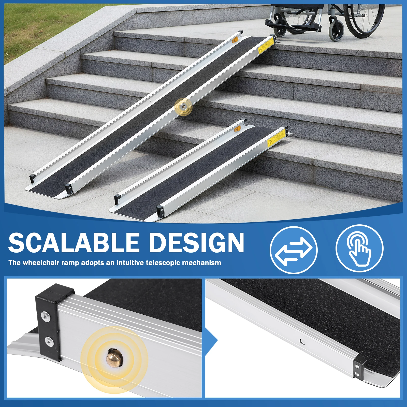 

8 Feet Retractable Non-Slip Aluminum Scooter Ramp 94x7.4inch Mobility Access Handicap Ramp 661LBS Capacity for Home Steps Stairs
