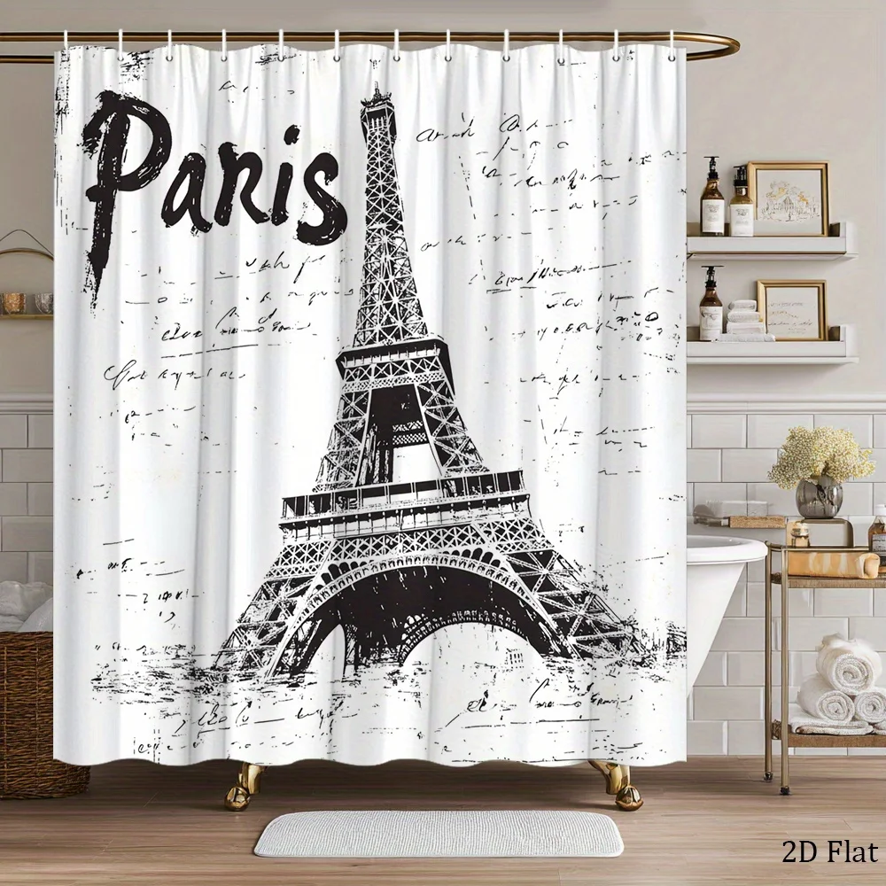 1pc Paris Sketch Shower Curtain - Eiffel Tower Ink Drawing & Handwritten Notes Vintage Travel Art Design, Polyester Fabric Bathr