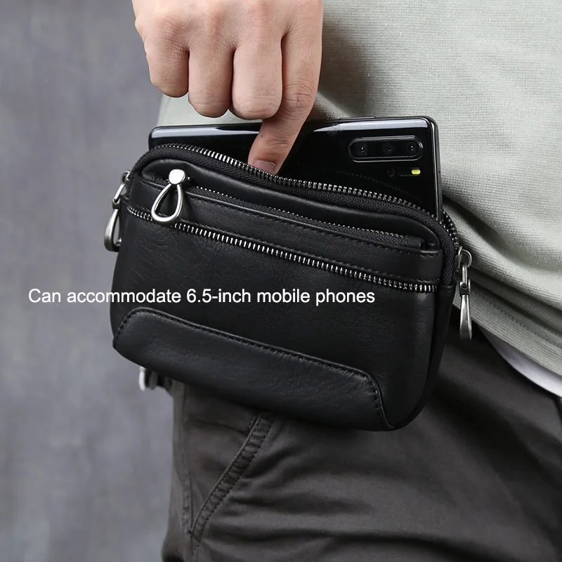 Herren-Gürteltasche aus echtem Leder, horizontal, für Mobiltelefone, Retro-Stil, Oberschicht aus Rindsleder, schlicht, lässig, mit Doppelreißverschluss, JLFGPJ – Detail 13