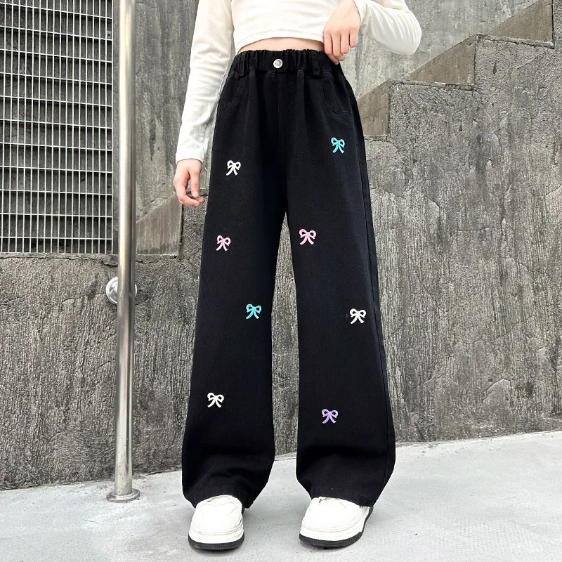 Girls\' Jeans Spring Autumn Korean Casual Bow Embroidery Denim Pants Fashion Elastic Waist Trousers For Girl New Arrival Clothes