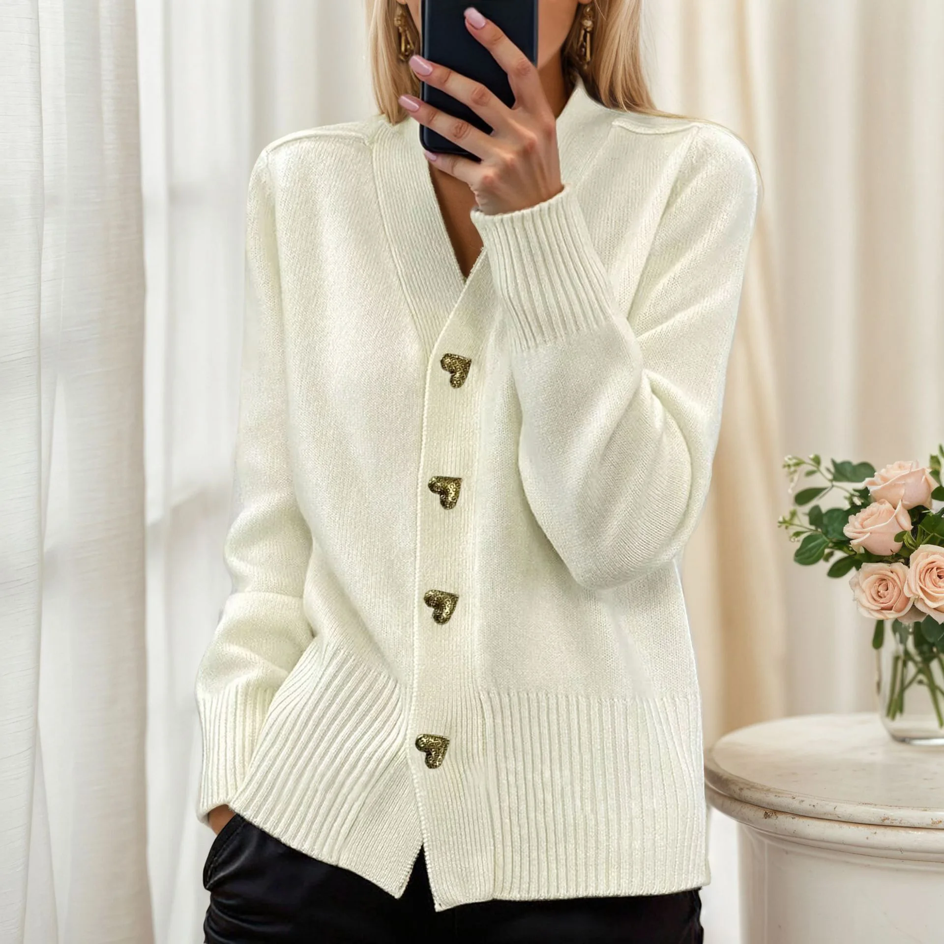 New Loose Women's Sweater Autumn Winter Casual Daily Commuter Style Cardigan Knitted Long-sleeved Single-breasted V-neck Coat 6