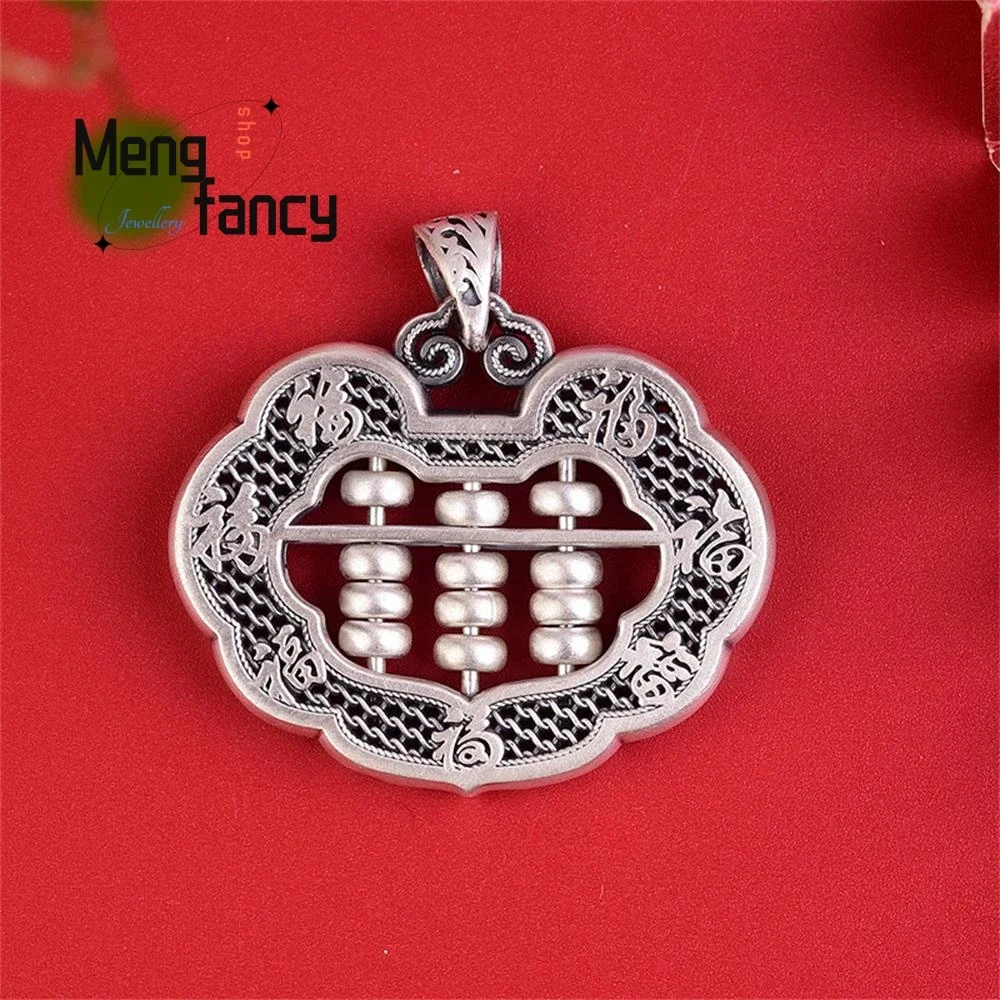 New 925 Sterling Silver Retro National Style Auspicious Clouds Abacus Pendant Blessed Adjustable Beads Exquisite Fashion Jewelry