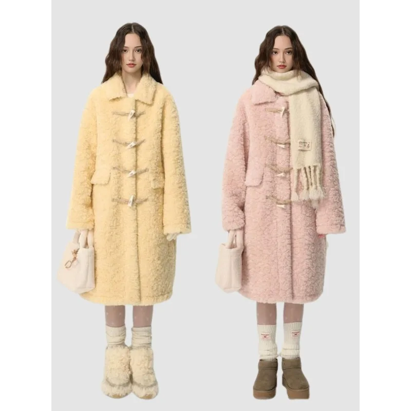 新しいロングラペルスウィートラムスキンホーンボタンファーコート秋冬ドーパミンヒットリラックススタイルアウターコートハイエンドファッショナブルコート