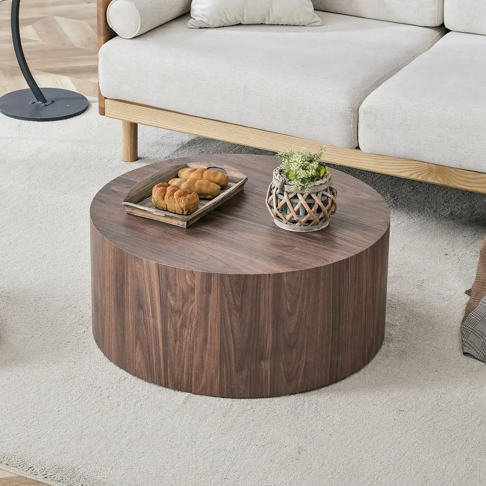 

Deep Walnut Cylindrical Coffee Table 27.5" Diameter 12" Height MDF Wood Grain Living Room Furniture Industrial Modern Minimalist