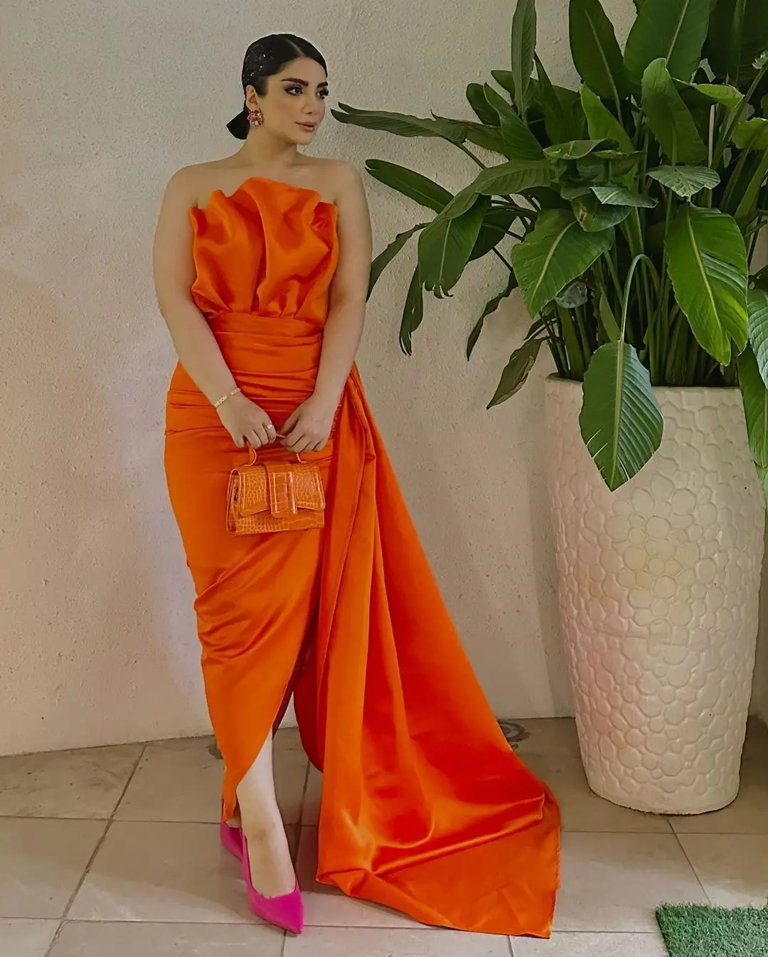 

Meetlove Saudi Arabia Orange Prom Dresses Strapless Ankle Length Evening Dress Fashion Women Wear Wedding Party Gowns