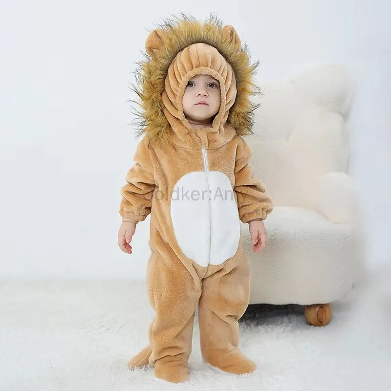 Lion Costume for Girls and Boys Kid Animal Costume Christmas Animal Winter Hooded Flannel Bodysuit Lion Jumpsuit