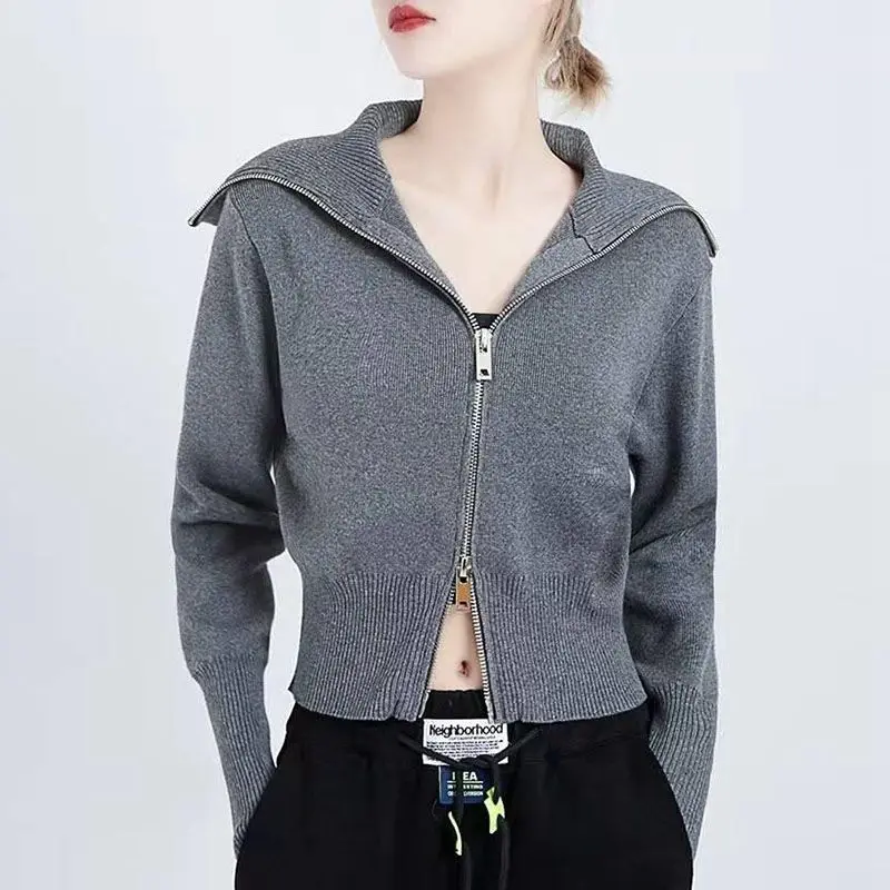 New 2024 Spring Autumn Women's Spliced Sailor Collar Zipper Fashion Solid Color Loose Comfortable Long Sleeve Knitted Sweater