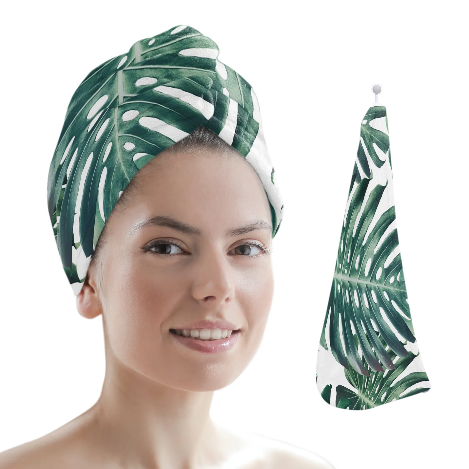 Toalla de secado de cabello para mujer, turbante de cabeza de ducha, gorro de secado rápido, planta Tropical, tortuga verde, hojas de palma, Baño