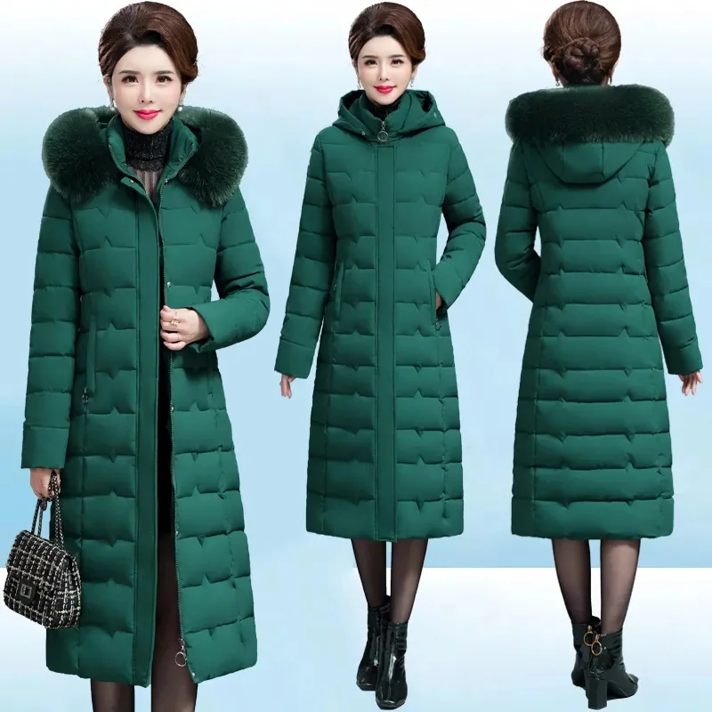 20203 NEW Middle-aged Womens Down Cotton Coat Winter Long Warm Quilted Cotton Jacket Female Casual Hooded Parka Overcoat  6XL