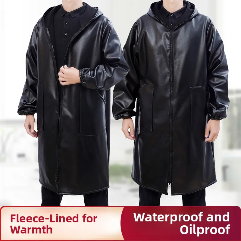 

Leather Fce Lined PU Waterproof Oil Resistant Long Sve Apron ex Adult Faion Workwear Kitchen Home Use Apron