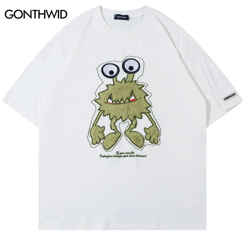 Harajuku Oversized Tshirt Streetwear Embroidery Cartoon Monster Cotton T Shirts Hip Hop Loose Punk Gothic Tee 2023 Fashion Top