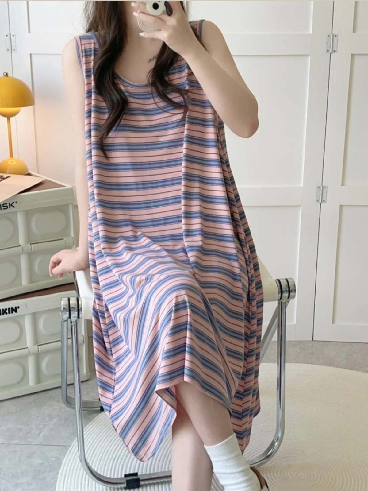 

Summer plus Size Slimming Sleeveless Sleepwear Women's Home Clothes Thin Stripe Vest Dress Midi Length round Neck Nightgown