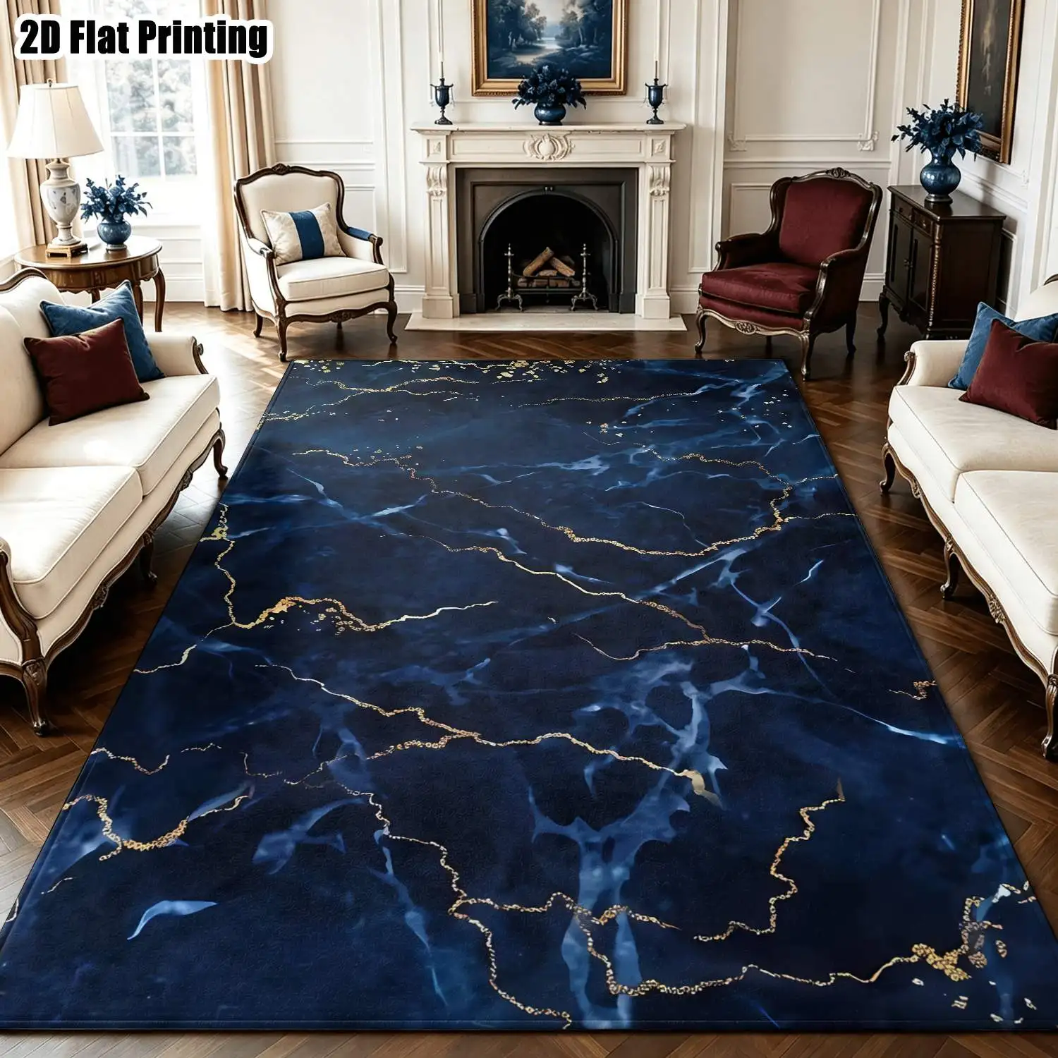 1Pc 2D Printed Dark Blue Gold Abstract Art Nordic/Instagram Style Modern Minimalist Geometric Striped Carpet, Machine Washable, Multi-Size, Suitable for Entrance, Dining Room, Foyer, Bedroom, Living Room Home Decor Floor Mat
