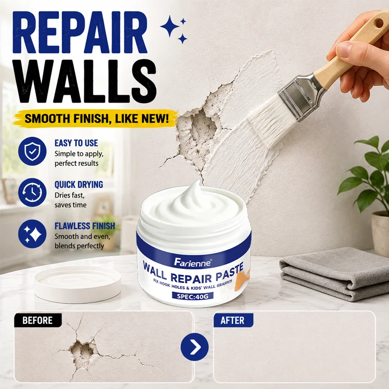 Farienne Wall Repair Paste For Cracks Holes And Dents Quick Dry Smooth Finish Indoor Wall Patch Filler With Brush 40G
