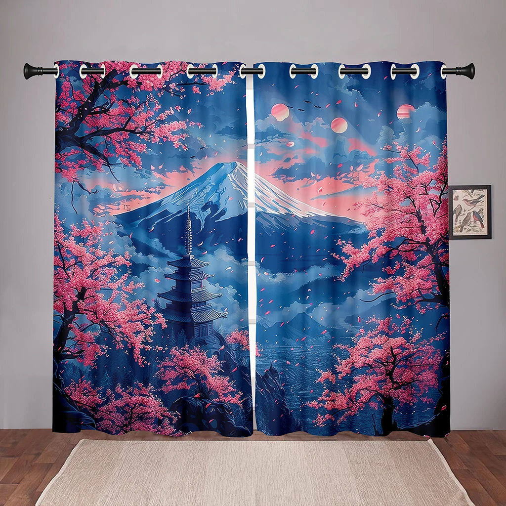 

2 Pcs Cherry Blossom Mt. Fuji Curtains Japanese Landscape Print Living Room Bedroom Study Sun Shade Curtains Romantic