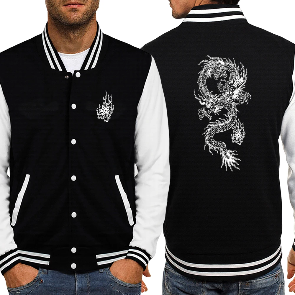

Creative Flying Dragon Poster Pattern Mens Top Sport American Jackets Thicken Hip Hop Sportswear Hot Sale Button Baseball Jacket