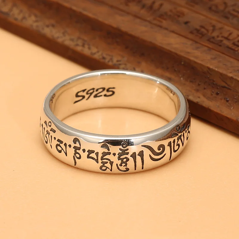 S925 silver retro distressed Thailand silver ring wholesale men's and women's ethnic style six-word mantra index finger ring