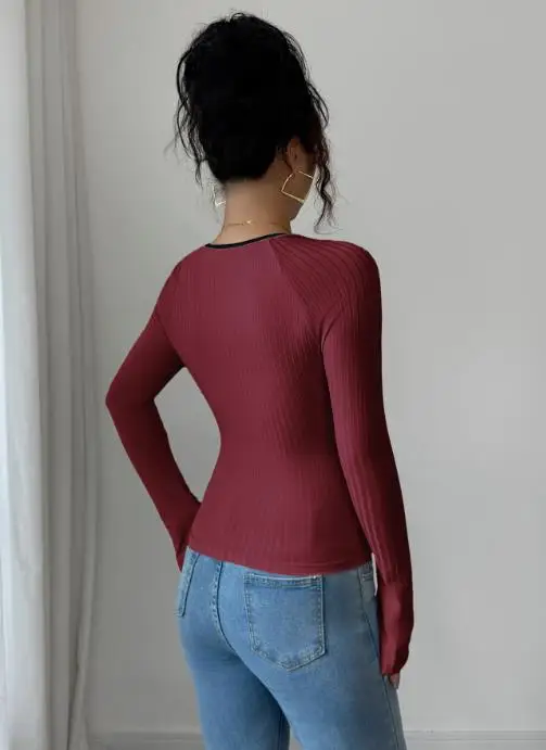 

Sexy Y2K Tops Minimalist Style Long Sleeved Slim Fit Pullover Tops for Women's Clothing U-Neck Elegant Women's Autumn Base Top