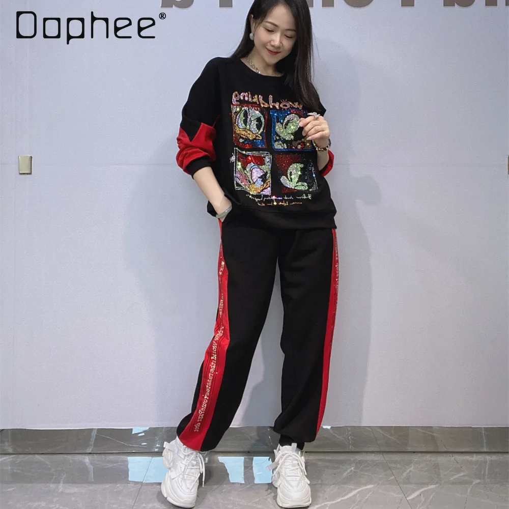 

Цветная лоскутная страза, толстовка с длинными рукавами и круглым вырезом, комплект длинных брюк, женские осенние повседневные свободные брюки, комплекты из двух предметов