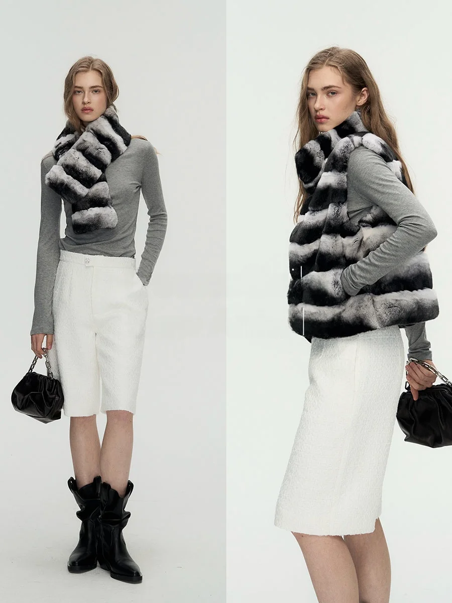 

Жилет-шарф Deesicile из кроличьего меха для женщин: теплый, ретро-стиль, модный, черно-белый, цвет шиншиллы